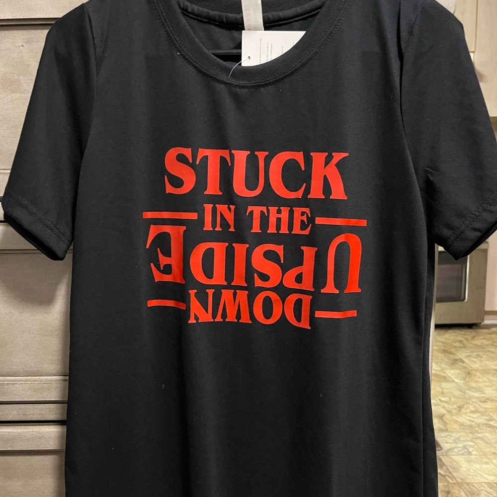 “Stuck in the Upside Down” Stranger Things Reference Black T Shirt